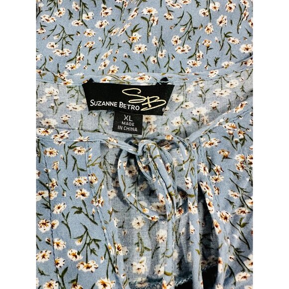 Suzanne Betro Blue Floral Long Sleeve Boho Blouse Womens XL Lightweight Rayon To - Picture 9 of 9